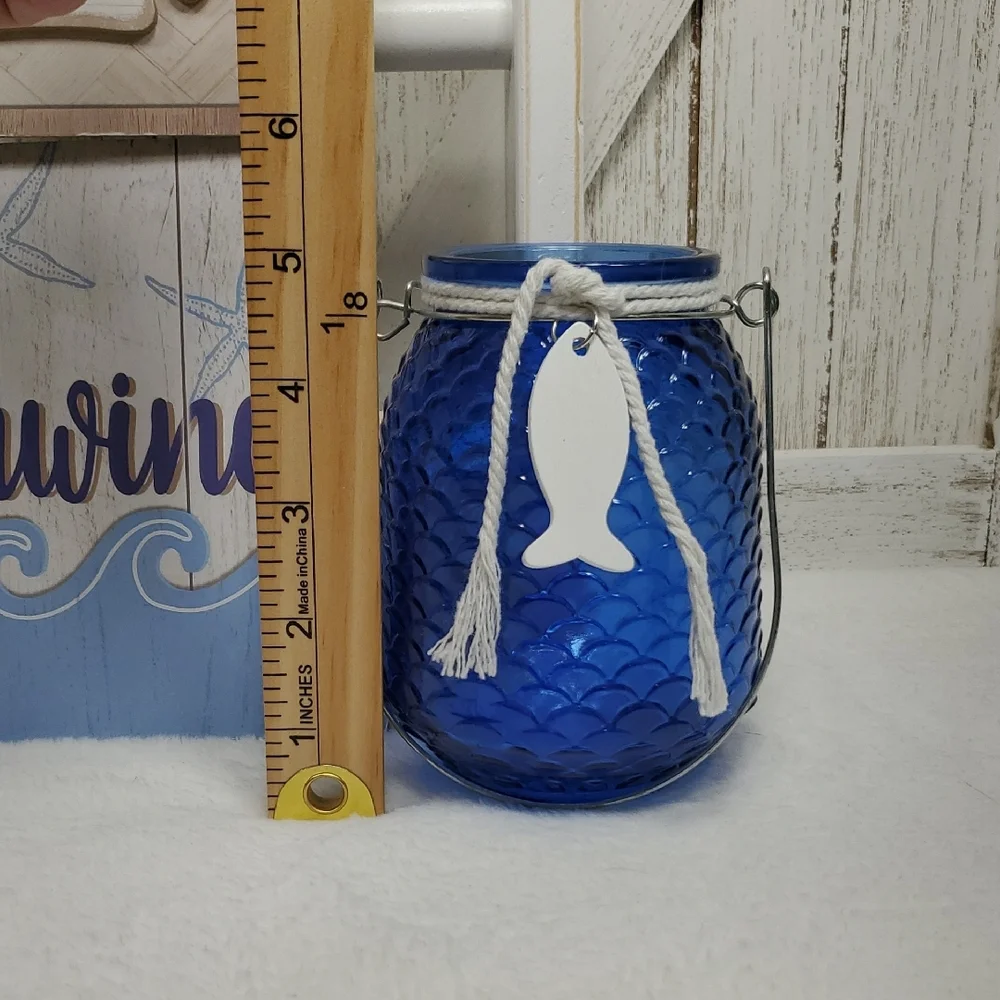 Beach Relax & Unwind Wall Decor Sign & Blue Candle Holder Bottle